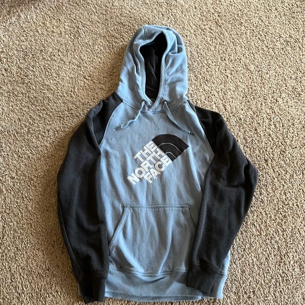 The North Face hoodie. Men’s small. Light blue/navy.